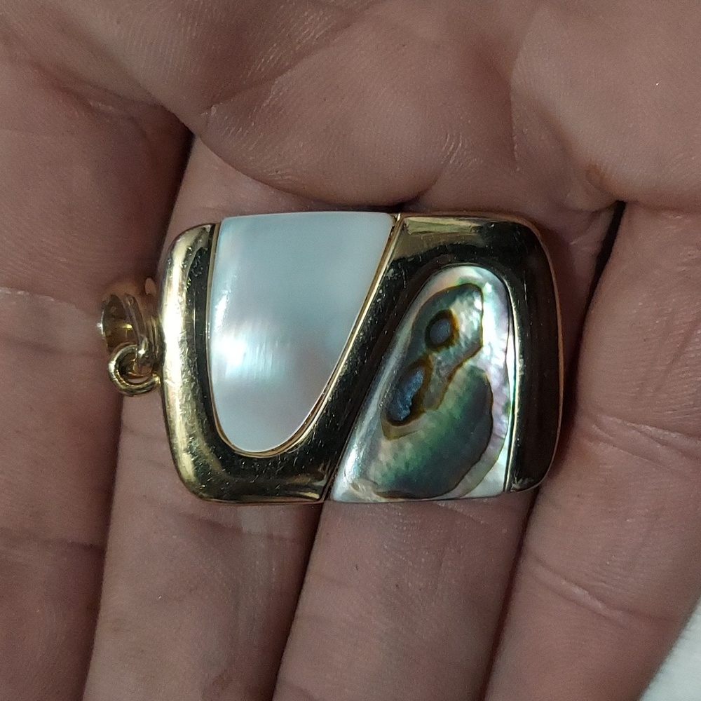 Stunning Vintage Gold Tone Abalone / Mother Of Pearl Pendant.